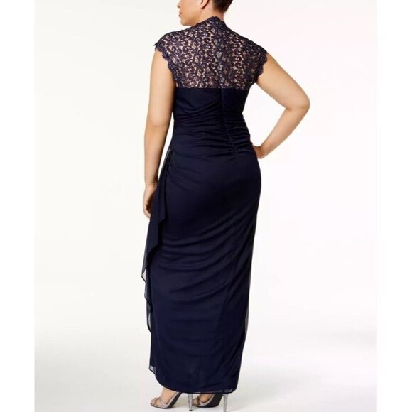 XSCAPE Size 16 Navy Metallic Lace Sleeve Chiffon Ruffled Cascade Gown Dress New - Picture 2 of 12